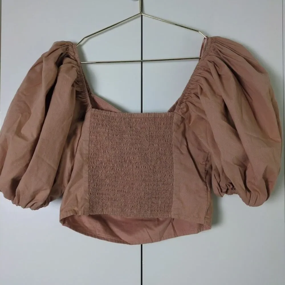Abercrombie Blouse Womens Size XS Boho Peasant Puff Sleeve O Ring Crop Top